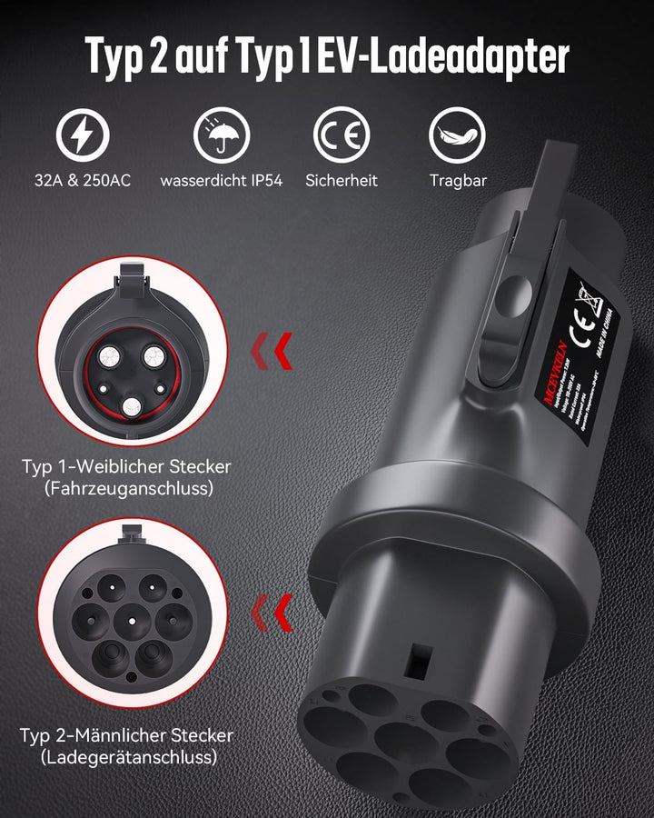 MCEVKELN EV Ladekabel Adapter mit Anti-Diebstahl-Clip| Typ 2 Male auf Typ 1 Female Elektrofahrzeug L
