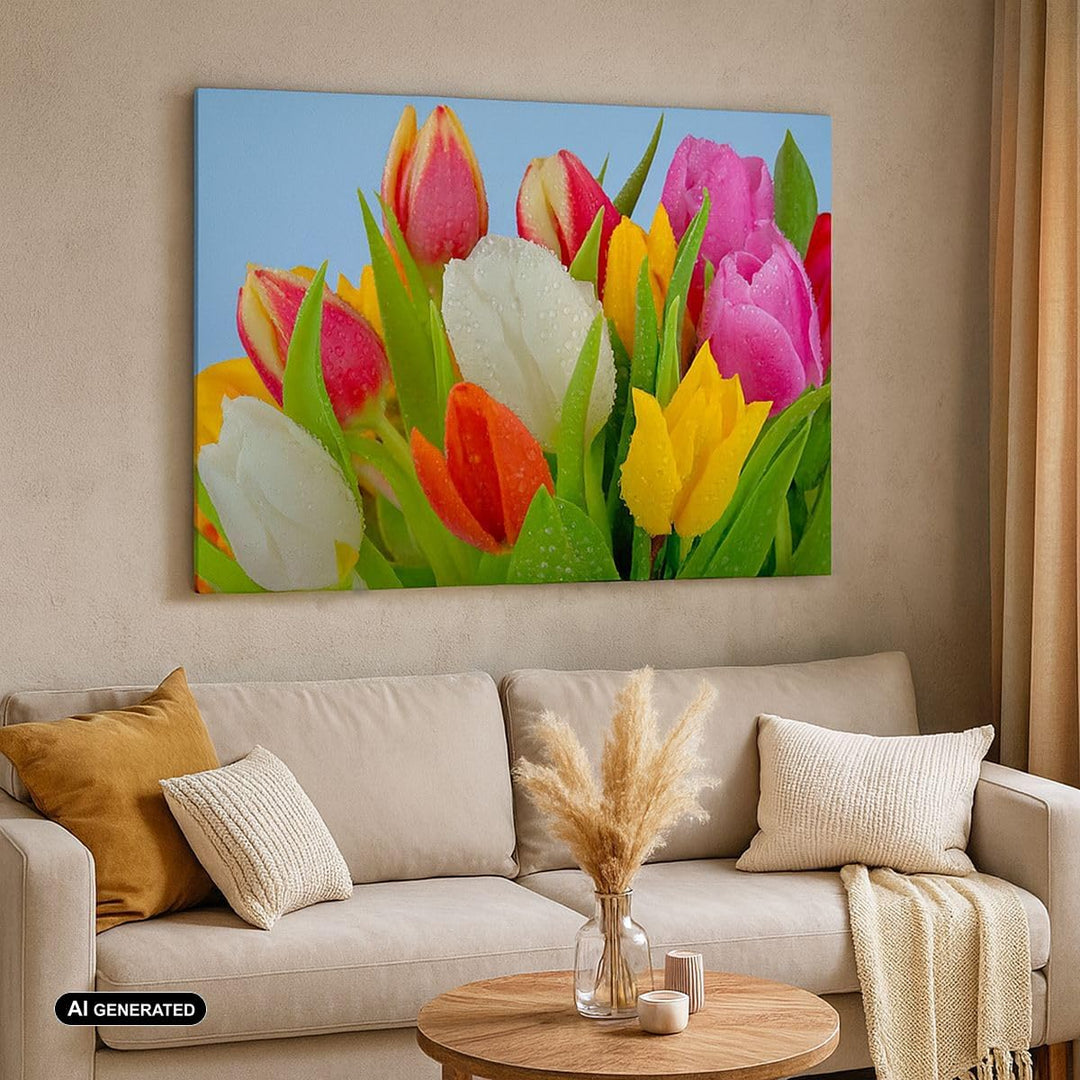 Bilder auf Leinwand Tulpen Blumenstrauss Blumen Tau Leinwandbild 70x50cm Wandbilder Dekoration Wohnz
