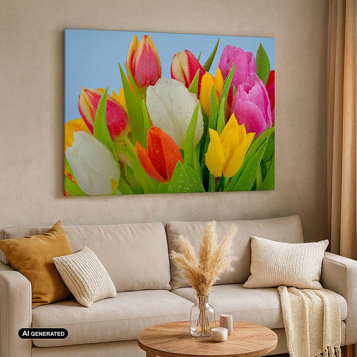 Bilder auf Leinwand Tulpen Blumenstrauss Blumen Tau Leinwandbild 70x50cm Wandbilder Dekoration Wohnz