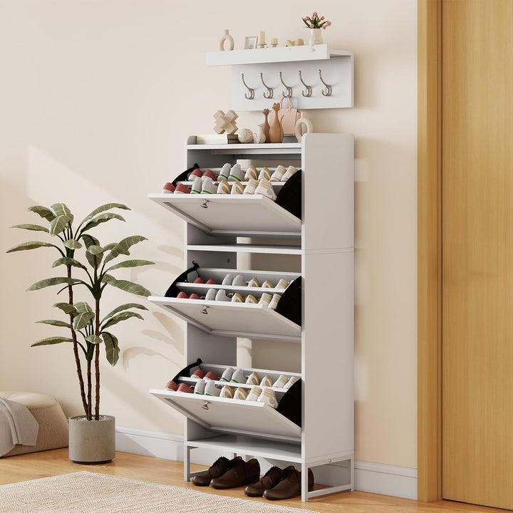 YITAHOME Schuhkipper Schmal Weiss mit Garderobe 5 Haken und 3 Klapptüren, Verstellbares Regal Schuhs