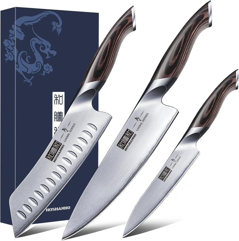 HOSHANHO Messerset 3 teilig, Küchenmesser set aus Edelstahl, Messer Kochmesser Set Professionelles m