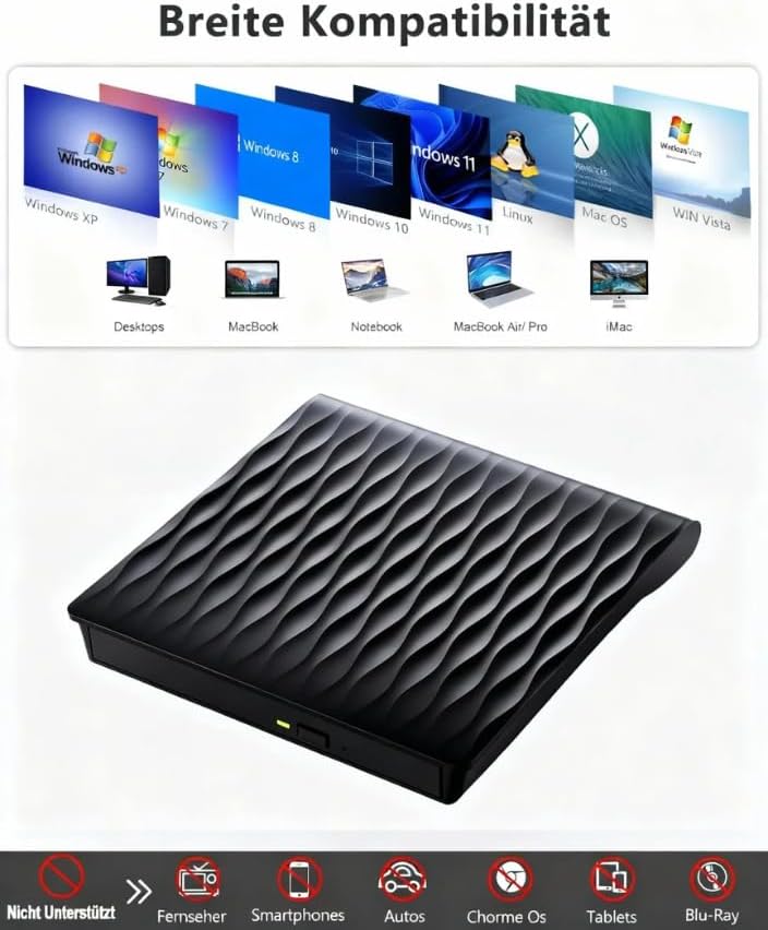 DANGZW Externes CD DVD Laufwerk, Slim Tragbarer Externer Brenner USB 3.0 Typ-C, RW CD-ROM Externe Op
