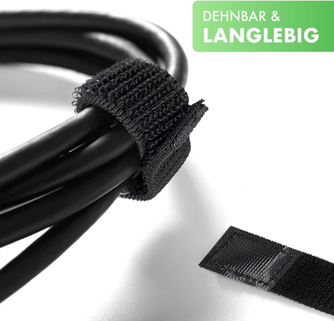 5x dehnbare Klett Kabelbinder 20 cm schwarz elastisch mit Schnalle - 20 mm breit - wiederverschliess