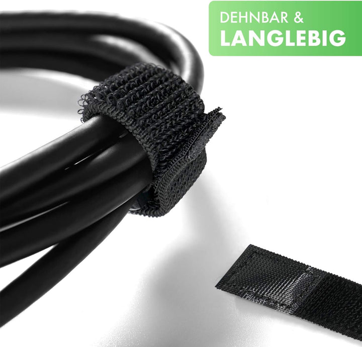 5x dehnbare Klett Kabelbinder 20 cm schwarz elastisch mit Schnalle - 20 mm breit - wiederverschliess