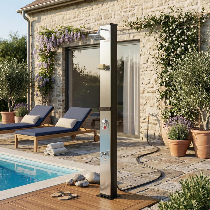 AufuN Solardusche Gartendusche 40L mit Chrom & Edelstahl, Warmwasser bis 60°C ohne Strom, 15cm Dusch