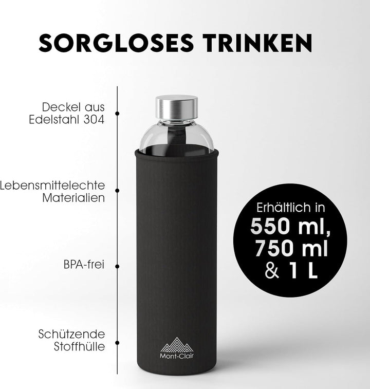 Mont-Clair Kristal Borosilikatglas Trinkflasche 1L - Wasserflasche Glas mit Neoprenhülle - Auslaufsi