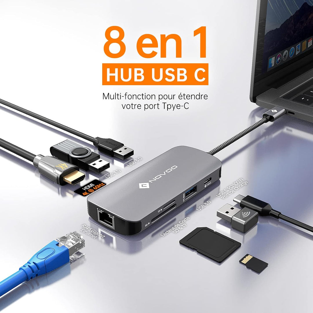 NOVOO USB C Hub 4K@60Hz USB C Docking Station HDMI 8-in-1 USB C Adapter Gigabit Ethernet mit 100W PD