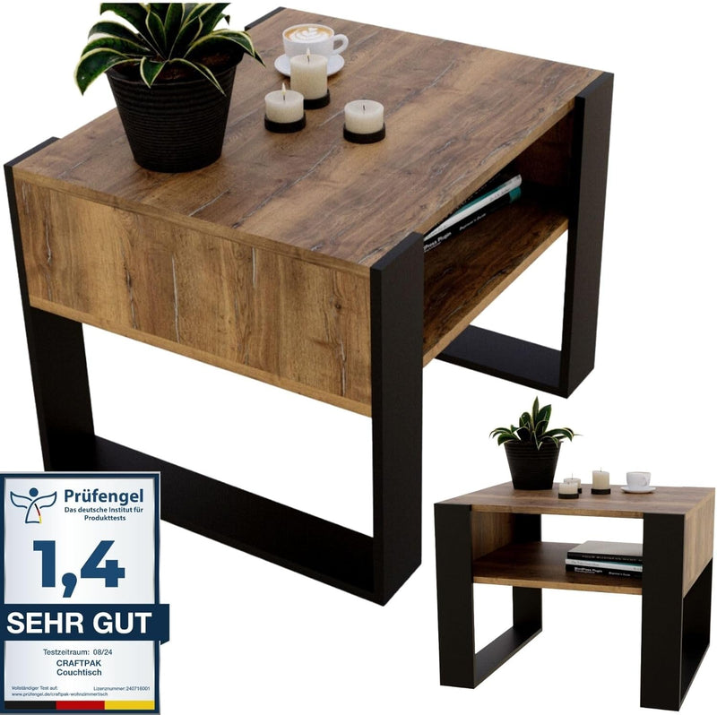 CraftPAK Wohnzimmer Tisch für Couch aus hochwertigem Holz, Stabiler & moderner Couchtisch mit zusätz