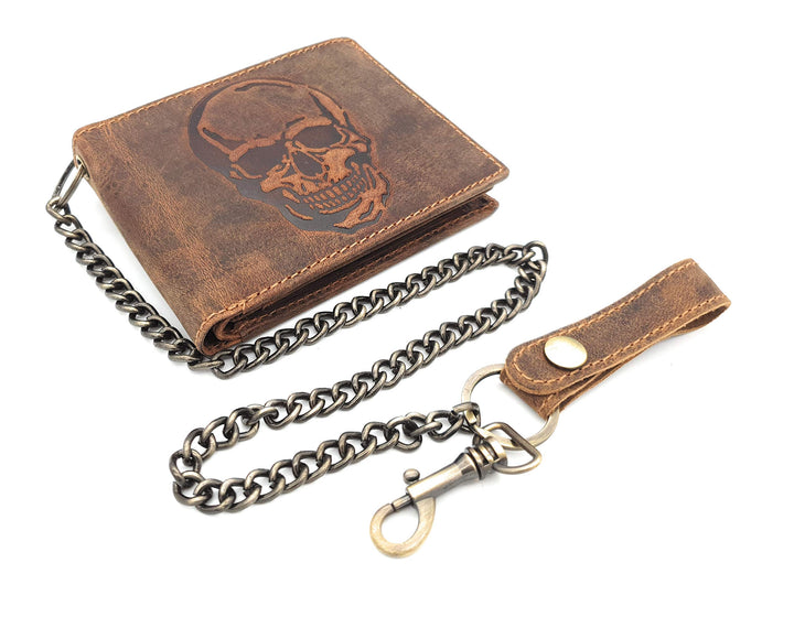 echt Leder Biker Geldbörse quer Hunterleder Portemonnaie Totenkopf Schädel Skull mit 50cm Kette & RF