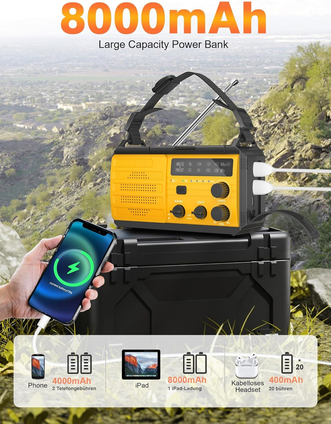 Tragbarer Solarradio Kurbelradio mit 3 Lademöglichkeiten, 8000 mAh Powerbank, AM/FM-Radio, SOS-Alarm