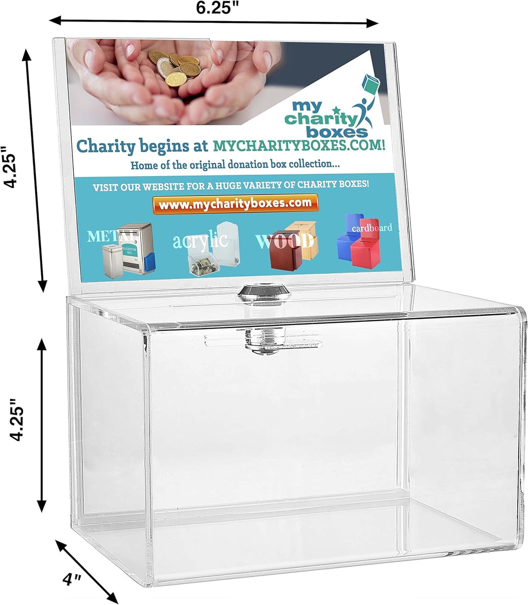 My Charity Boxes Inc. MCB Spendensammelbox aus transparentem Acryl mit Schloss – klein – mit 4–6 Dis