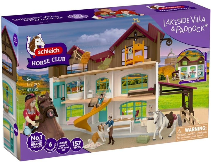Schleich Horse Club | Lakeside Villa & Paddock 42785 | Reiterhof Spielset mit Villa, 2 Pferden, 3 Fi