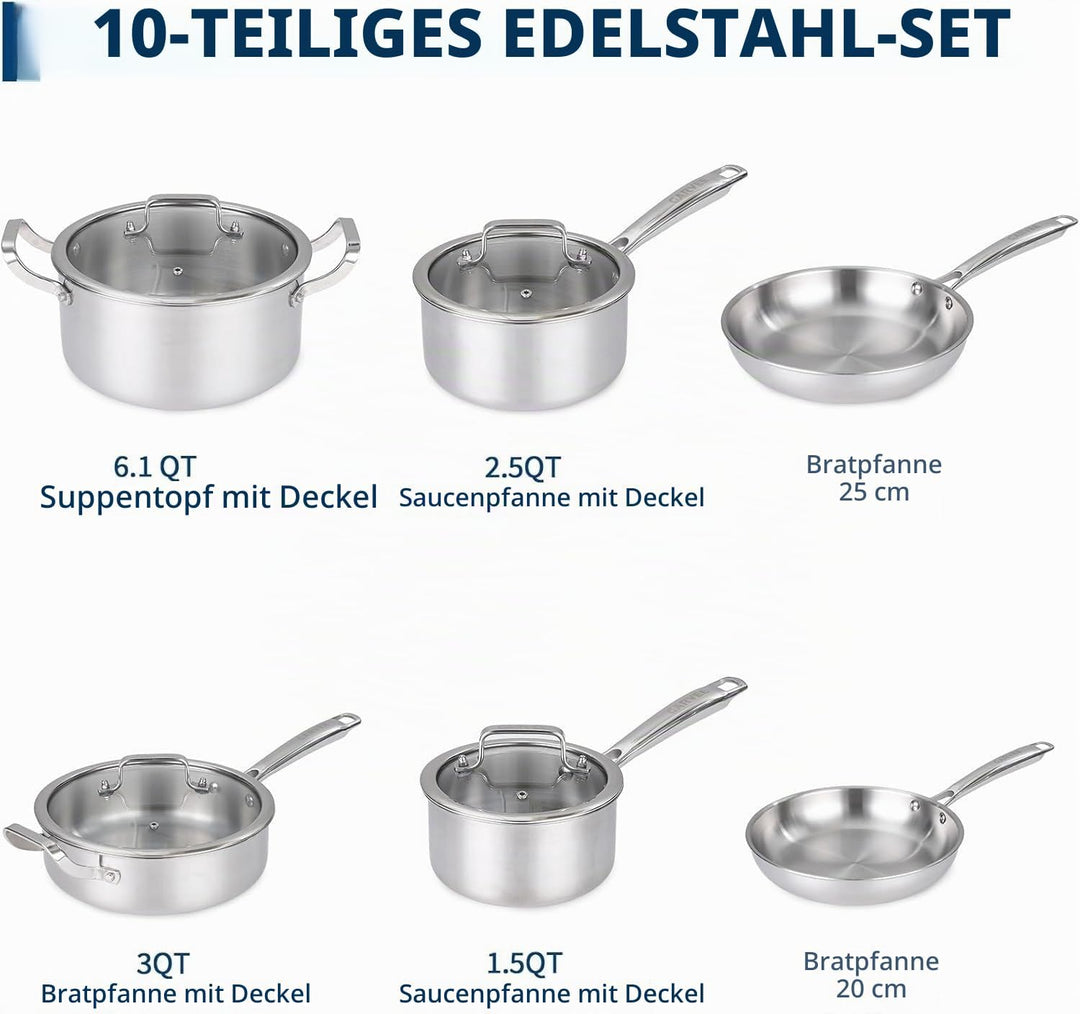 Garvee Tri-Ply Edelstahl Topfset 10-teilig, Induktions Kochgeschirr Set mit Gleichmässiger Wärmevert
