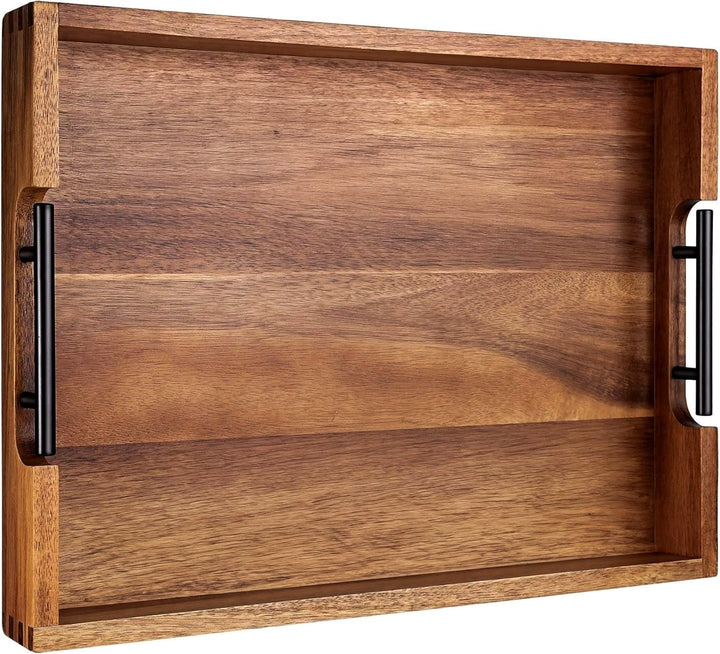 Joy&Grace Ottoman Tablett für Wohnzimmer, grosses Serviertablett aus Akazienholz mit Griffen, Holzta