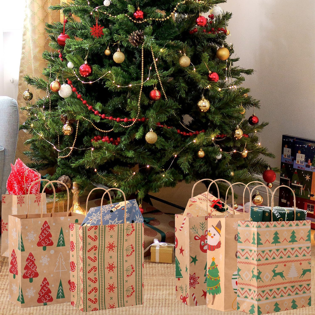 24 Stück Papiertüten Weihnachten Geschenktüten mit Henkel, Braun Weihnachtstaschen Weihnachtsgeschen
