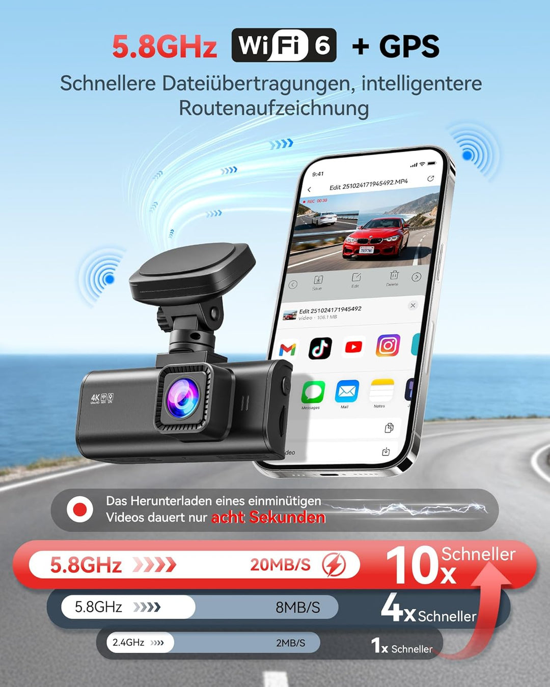 REDTIGER F7N 4K Dashcams mit WiFi GPS Front 4K/2.5K und hinten 1080P Dual Dash Kamera , 3.16" Displa
