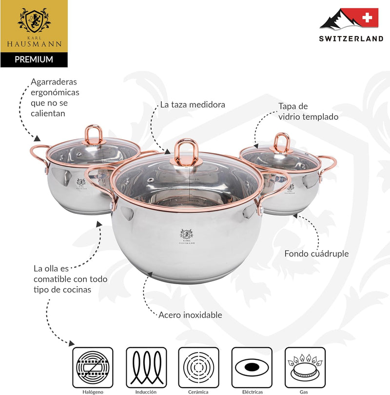 Topfset Induktion 3-teilig, Kochtopf Set mit Glasdeckel, Edelstahl mattiert, Induktions Töpfe Set un