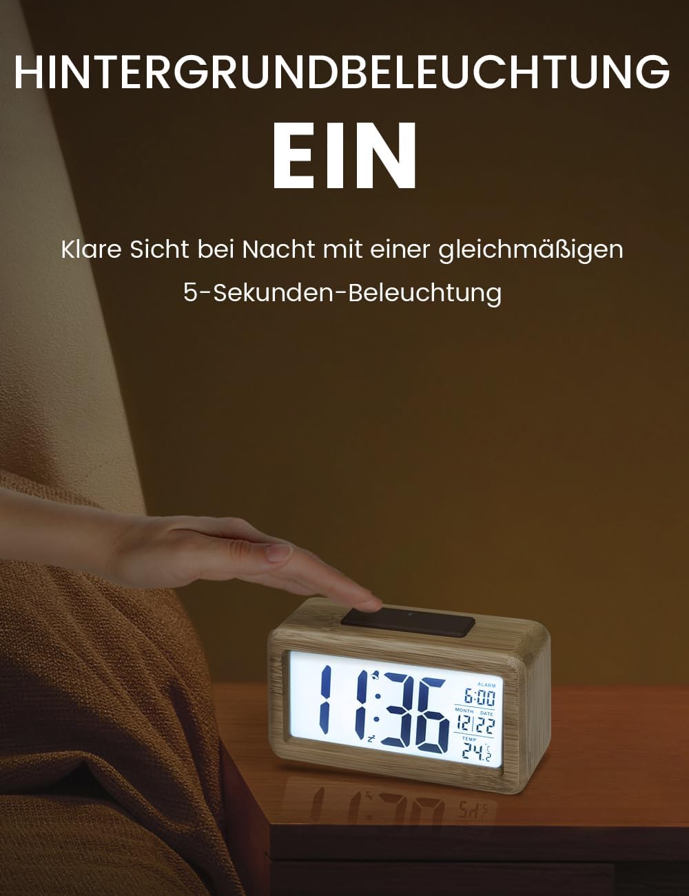 aboveClock Wecker Digital, Digitaler Wecker Holz mit Grosse Temperaturanzeige, Tischuhr mit Snooze,