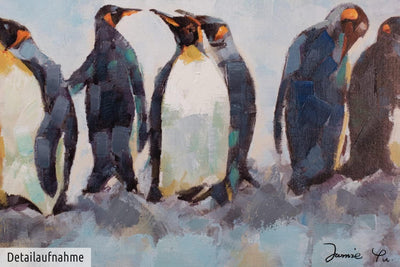 KunstLoft Leinwandbild | 100% HANDGEMALT | 120x60cm | Gemälde 'Kreis der Pinguine' | Pinguin | Blau