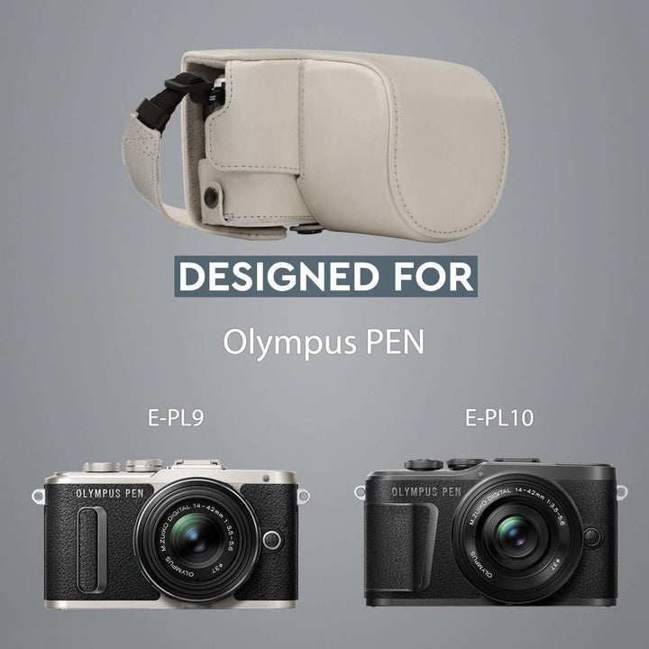 MegaGear MG1455 Olympus PEN E-PL9 (14-42mm) Ever Ready Leder Kamera-Case mit Trageriemen - Weiss, We