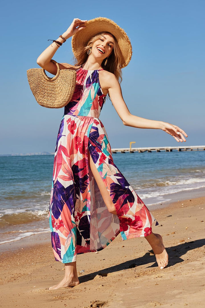 KILIG Damen Sommerkleid Lang Elegant Sommer Neckholder Kleid Hochzeitsgast Maxikleid Partykleid Schl