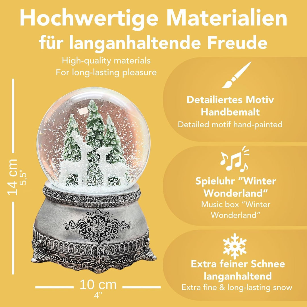 Schneekugel Hüttenzauber 2 weisse Rehe vor Tannenbaum | Sockel Zinnoptik Ornamente | mit Spieluhr |