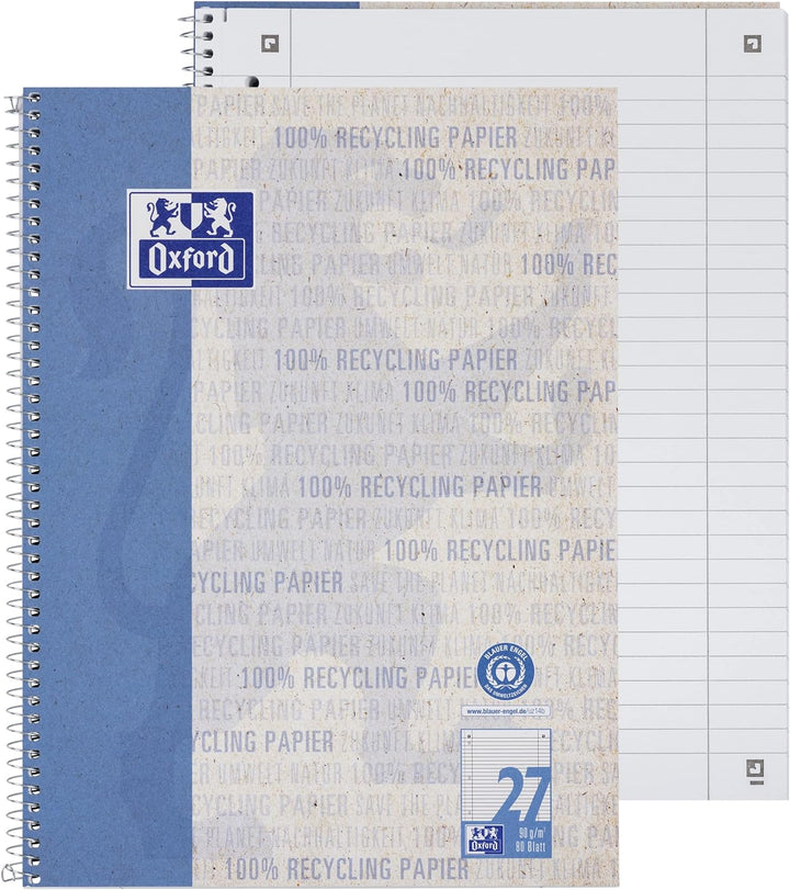 Oxford Recycling Collegeblock A4 liniert mit Doppelrand, 80 Blatt, 10 Stück, A4 liniert mit Doppelra