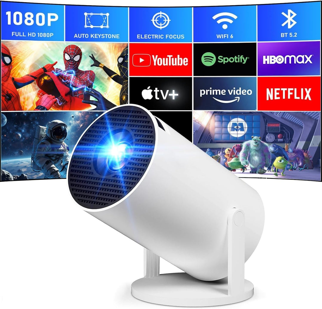Tragbarer Beamer 4K, 1080P FHD Mini Beamer, kompatibel mit Android und Netflix, WiFi 6, BT 5.0, 180°