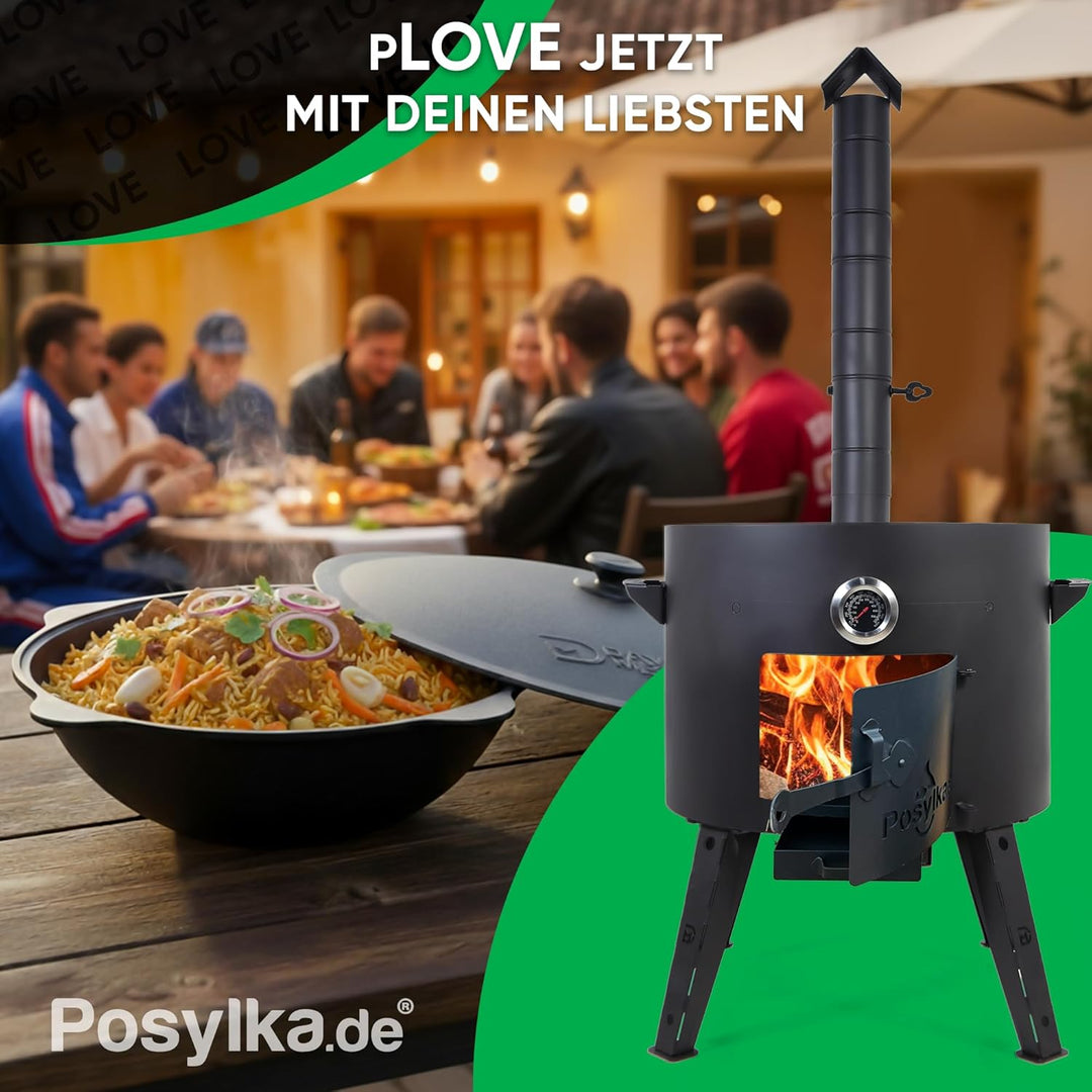 Utschak Feuerofen Ø 49 cm & Gusseisen-Kasan 22 L | Kazan-Set mit Deckel | Usbekischer Kochtopf für G