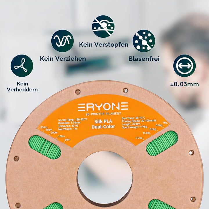ERYONE Dual Zweifarbig PLA Filament 1.75mm, 3D Drucker Filament 1kg Spule +/- 0,02 mm, Seide Gelb &amp;