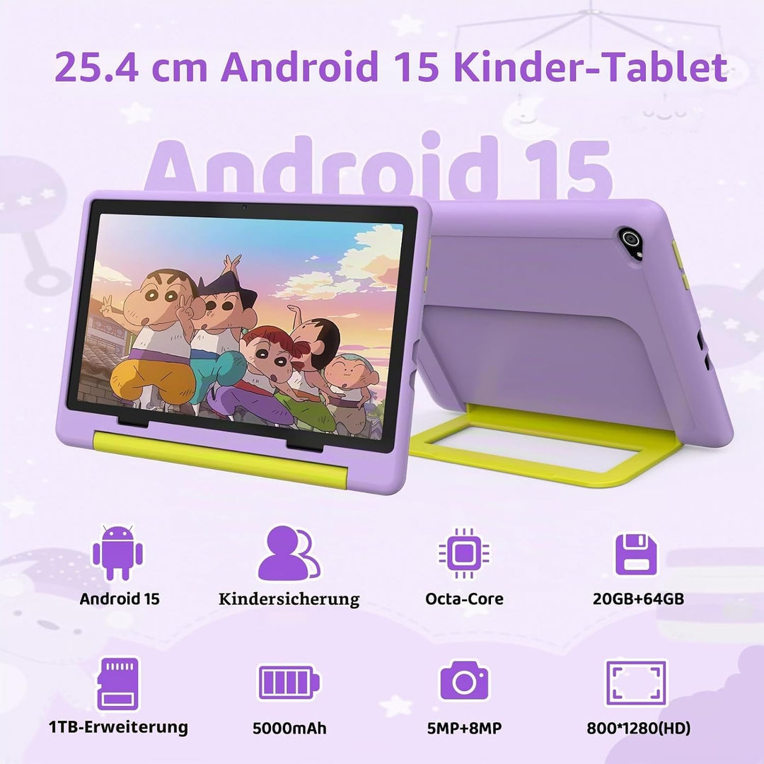 Tablet Kinder 10 Zoll Android 14 HD-Display 1280 x 800 Akku 5000 mAh 8 + 64 GB erweiterbar auf 1TB D