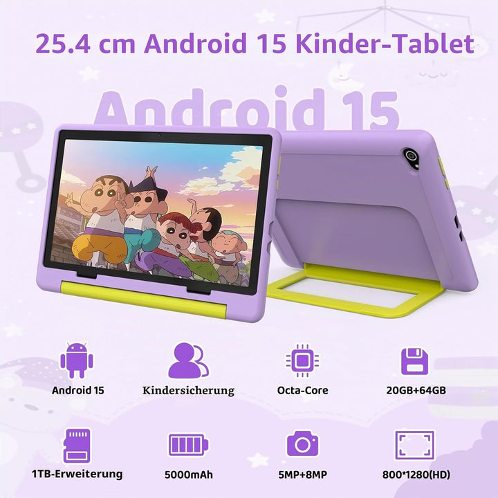 Tablet Kinder 10 Zoll Android 14 HD-Display 1280 x 800 Akku 5000 mAh 8 + 64 GB erweiterbar auf 1TB D