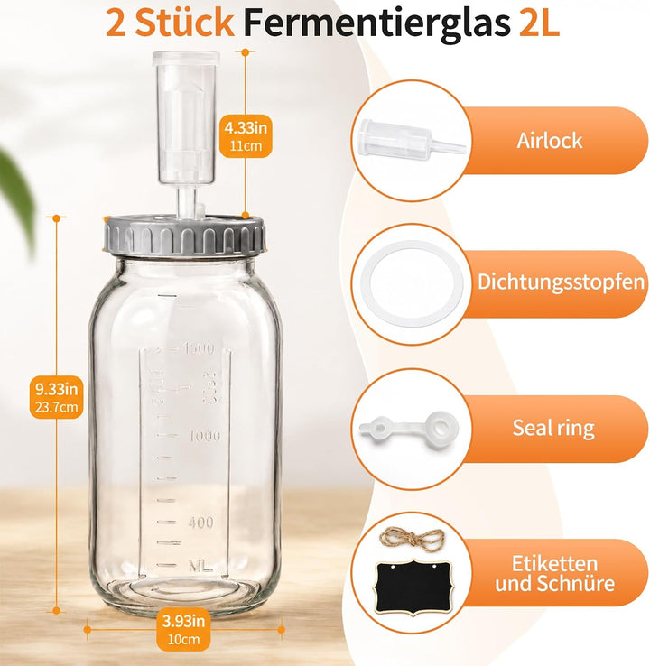 autumndeer 2 Stück 2L Fermentierglas, Fermentationsglas mit Gärventi, Kimchi Behälter mit Luftschleu
