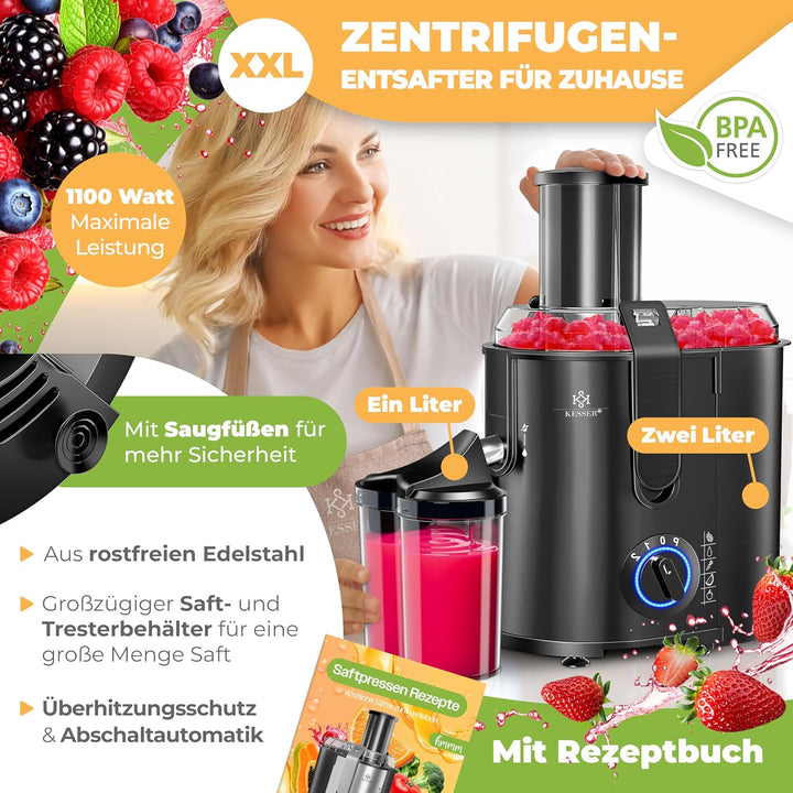 KESSER® Entsafter für Obst und Gemüse aus Edelstahl 1100W grosse 85 mm Einfüllöffnung inkl. Reinigun
