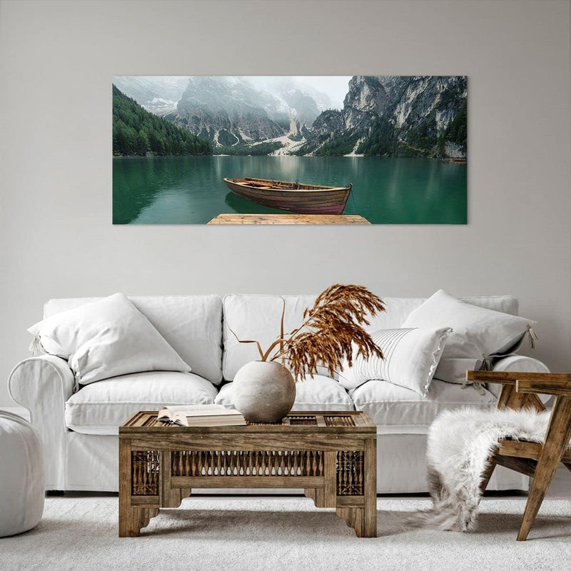 Wandbilder Dekoration Wohnzimmer Berge See Boot Panorama Bilder auf Leinwand 120x50cm Leinwandbild m