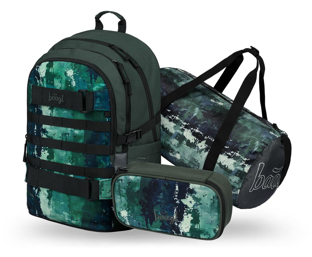 Baagl Schulrucksack Set Jungen 3 Teilig (Skateboard Rucksack, Mäppchen, Sporttasche), Schultasche ab