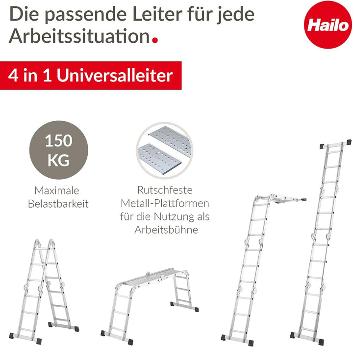 Hailo ProfiStep combi, Alu-Universalleiter, 4x3 Sprossen, Arbeitsbühne, Anlege- und Stehleiter in ei