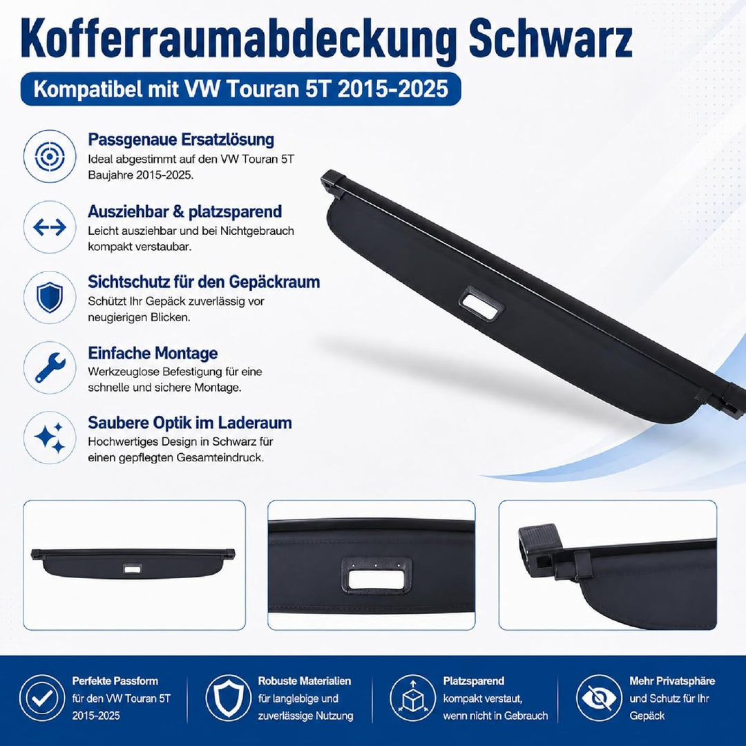 Callume Kofferraumabdeckung Schwarz Kompatibel mit VW Touran 5T 2015-2025 5TA867871 5TA867871A 5TA86