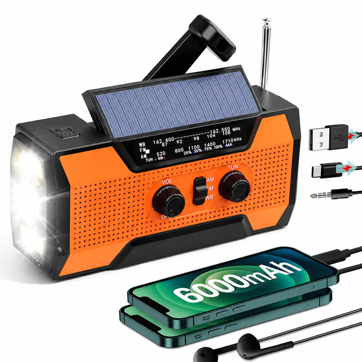 6000mAh-Handkurbel-Notfallradio, AM/FM-Wetterradio, solarbetriebenes | batteriebetriebenes Radiomit