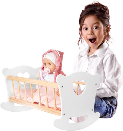 Green series Kinderplay Puppenwiege aus Holz, Weiss Puppenbett Holz, Wiege für Puppe – Set Wiege mit