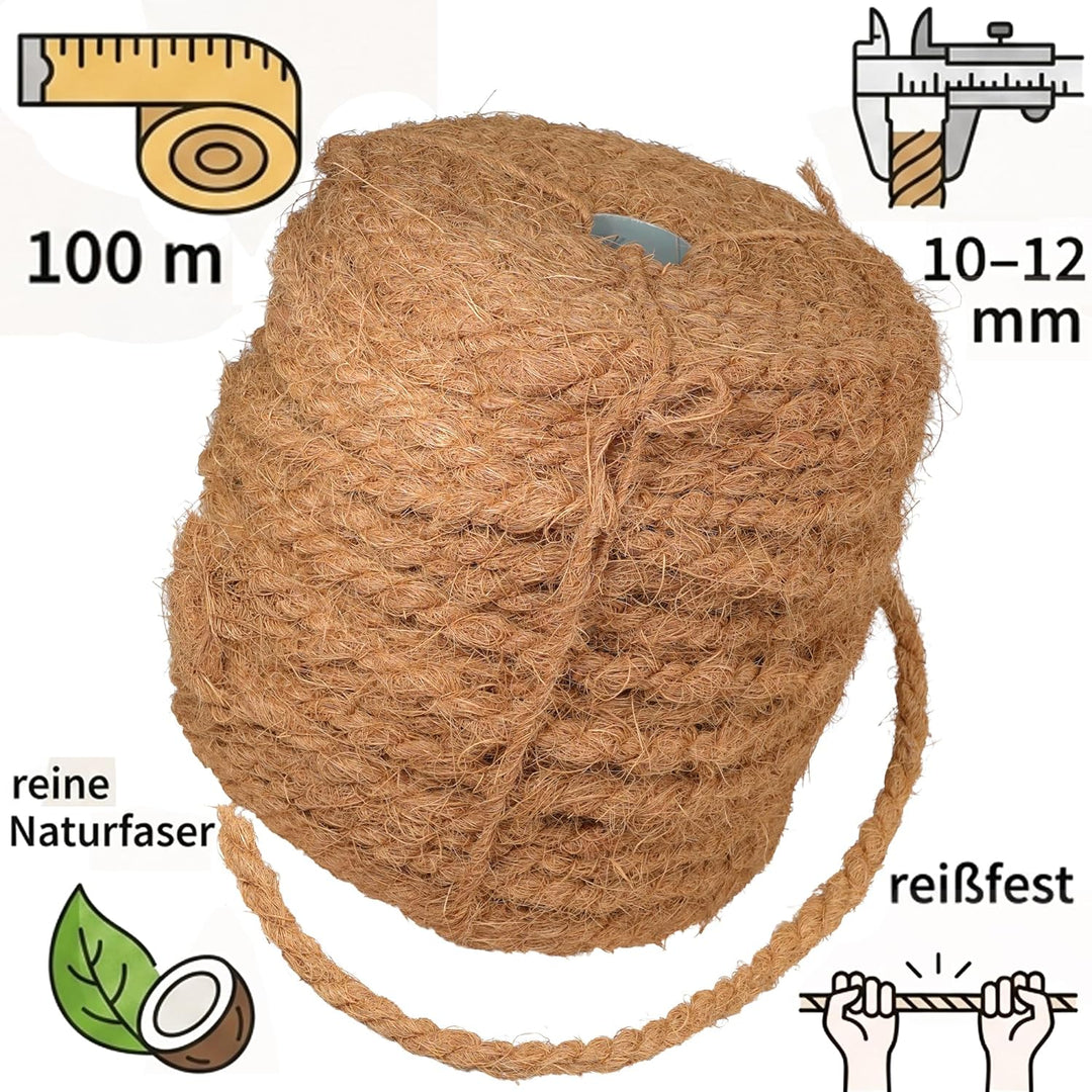 100m reissfestes Dickes Robustes Kokosseil für Bäume - Kordel - Gartenschnur - Rope - ca. Ø 10mm-12m