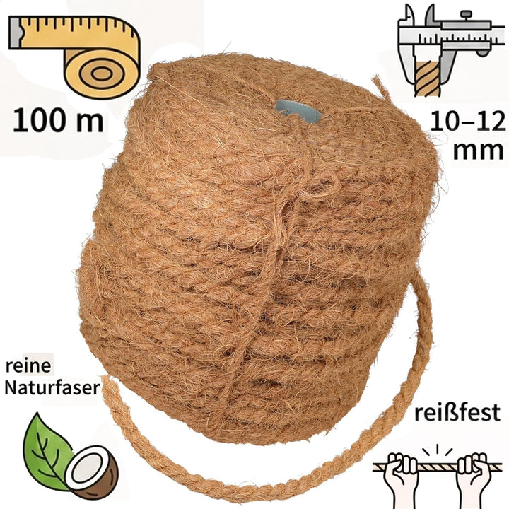 100m reissfestes Dickes Robustes Kokosseil für Bäume - Kordel - Gartenschnur - Rope - ca. Ø 10mm-12m