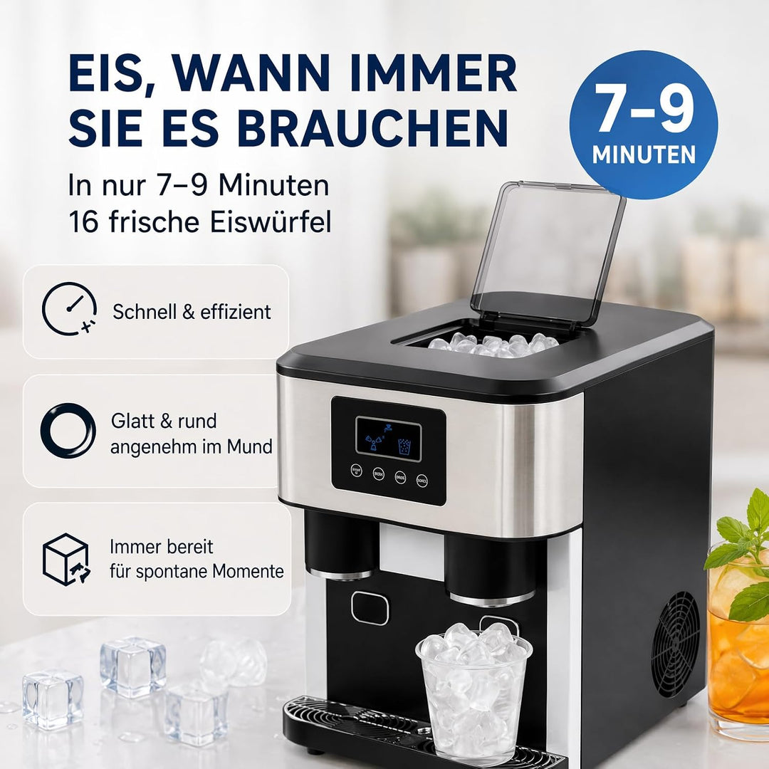 3-In-1 Eiswürfelbereiter mit Kaltwasserfunktion für Haus Küche Bar Café | 16 Eiswürfel 600G Eis Schn