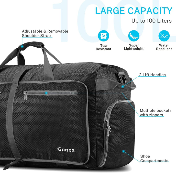Gonex Leichter Faltbare Reise-Gepäck 100L, Farbe: Grau, Duffel Taschen Uebernachtung Taschen/Sportta