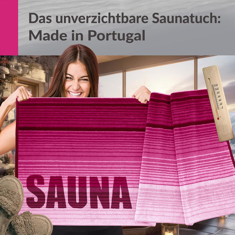 Lashuma Saunatuch Oslo, Streifen Rosa bis Weinrot, Hochwertiges Saunaliegetuch, Riesen Badehandtuch,