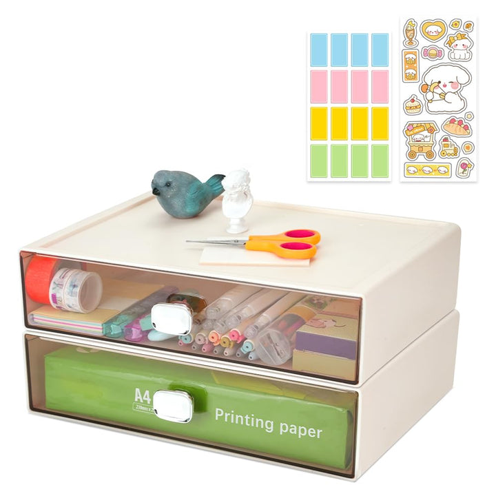 2 PCS Schreibtisch Schubladenbox mit 2 Schubladen, Stapelbarer A4 Papier Büro Organizer Drawer mit E