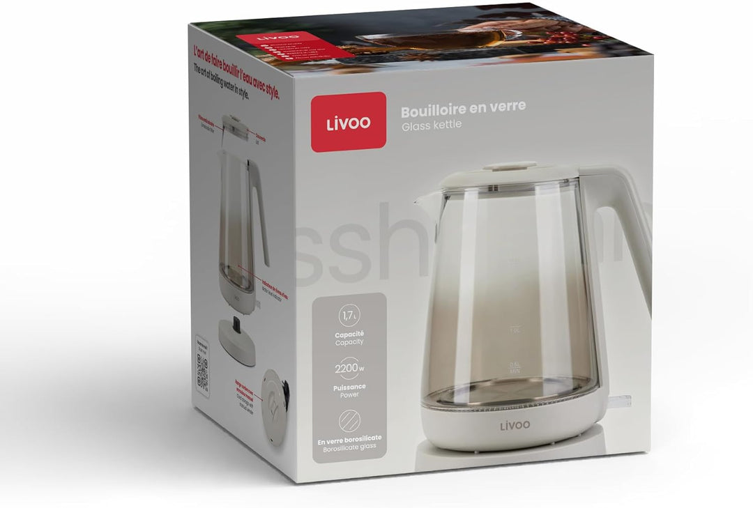 Livoo - Wasserkocher aus Glas, 1,7 l, DOD216G, 1850 W, 2200 W, Borosilikatglas, Hintergrundbeleuchtu