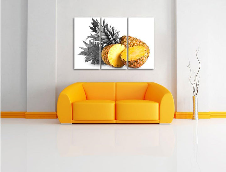 Pixxprint Frische Ananas Schwarz/Weiss 3-Teiler Leinwandbild 120x80 Bild auf Leinwand