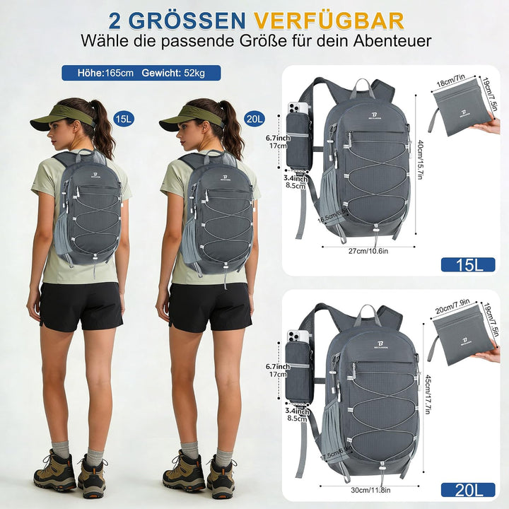BECOJADDE 15L Kleiner Wanderrucksack Tagesrucksack Herren Damen Leichter Faltbarer Rucksack mit Brus