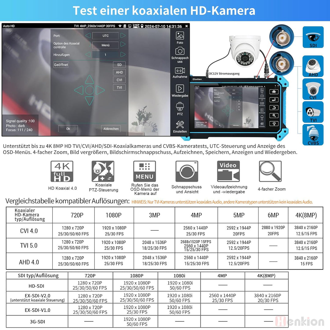 Henkion IPC-5200C Plus CCTV-Kamera-Tester mit 5,4-Zoll-Touchsbildschirm Monitor für 12MP IPC und 4K